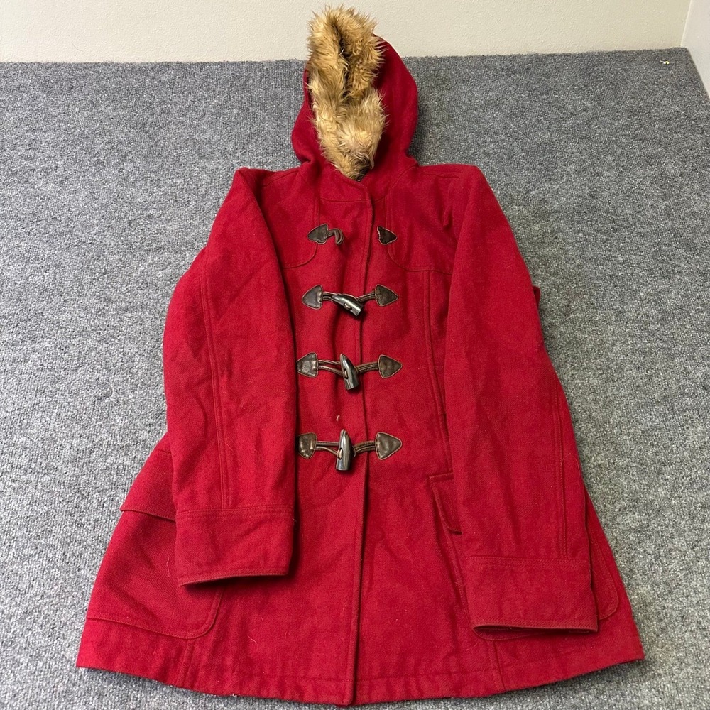 American Eagle Duffle Coat Womens Size XL Red Wool Blend Faux Fur Hood Toggle